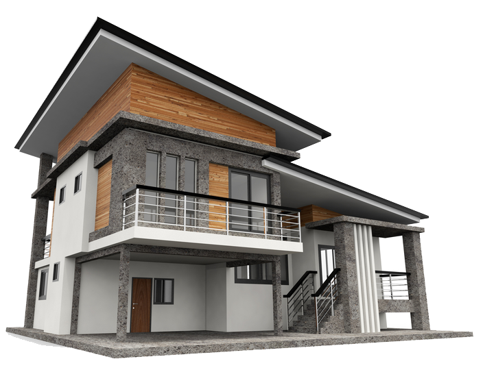 Modern two-story house with gray and wood exterior, large balcony, and sloped roof