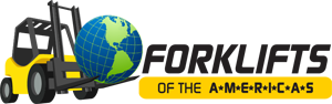 Logo featuring a yellow forklift, a blue globe, and the words