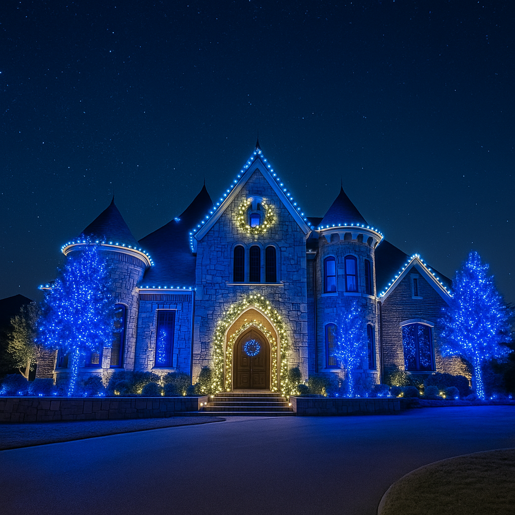 Festive houses at night, illuminated with Christmas lights, including a tree and window wreaths.