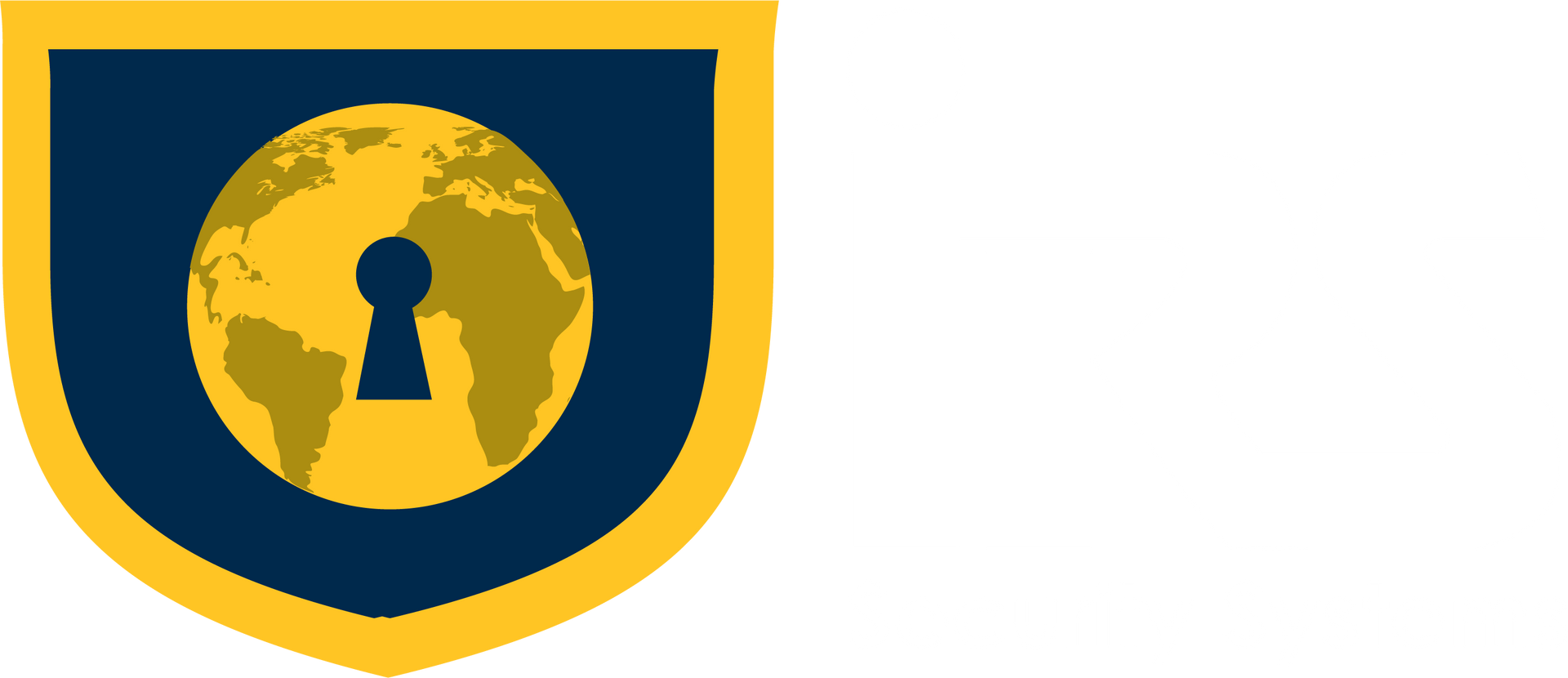 A blue and yellow shield with a keyhole and a globe in the middle.