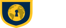 A blue and yellow shield with a keyhole and a globe in the middle.