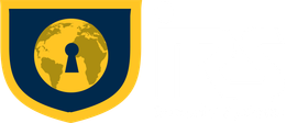 A blue and yellow shield with a keyhole and a globe in the middle.