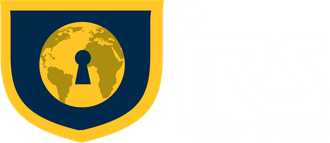 A blue and yellow shield with a keyhole and a globe in the middle.
