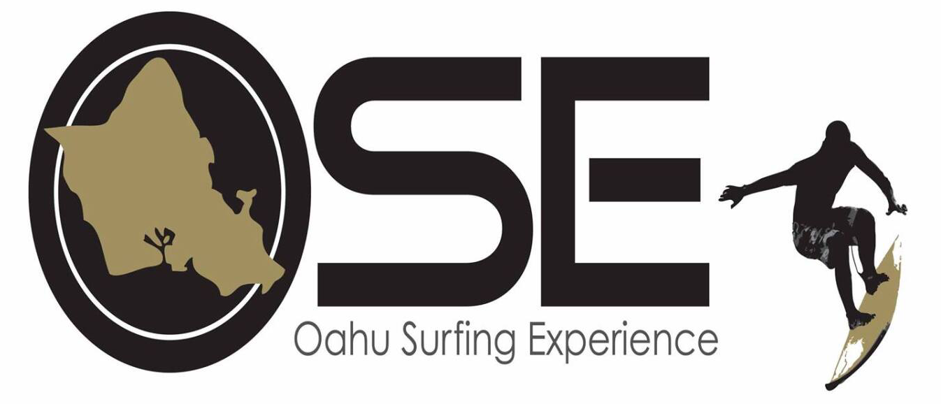 A logo for oahu surfing experience with a surfer on a surfboard