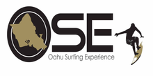 A logo for ochu surfing experience with a surfer on a surfboard