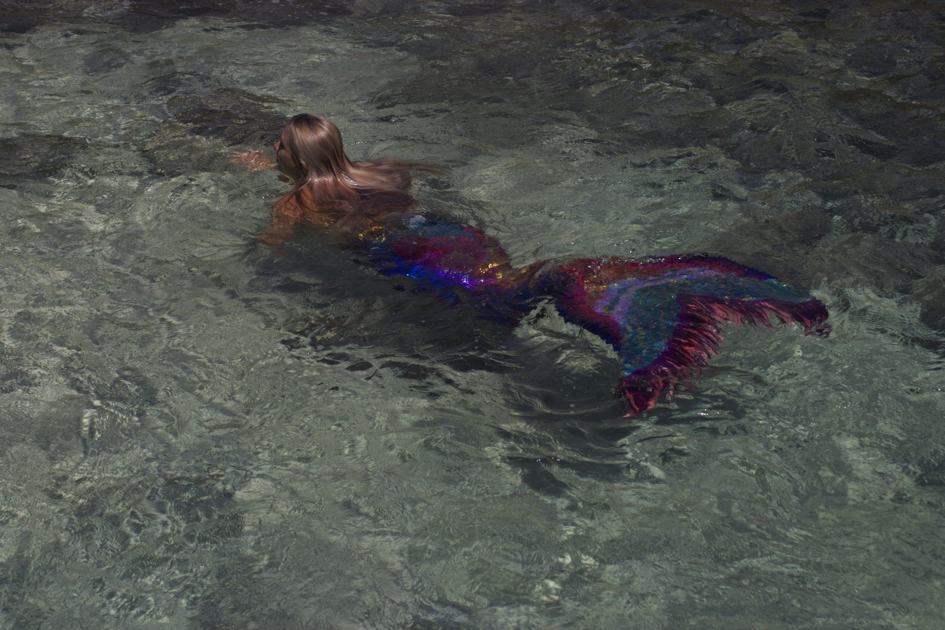 A woman in a mermaid costume is swimming in a pool.
