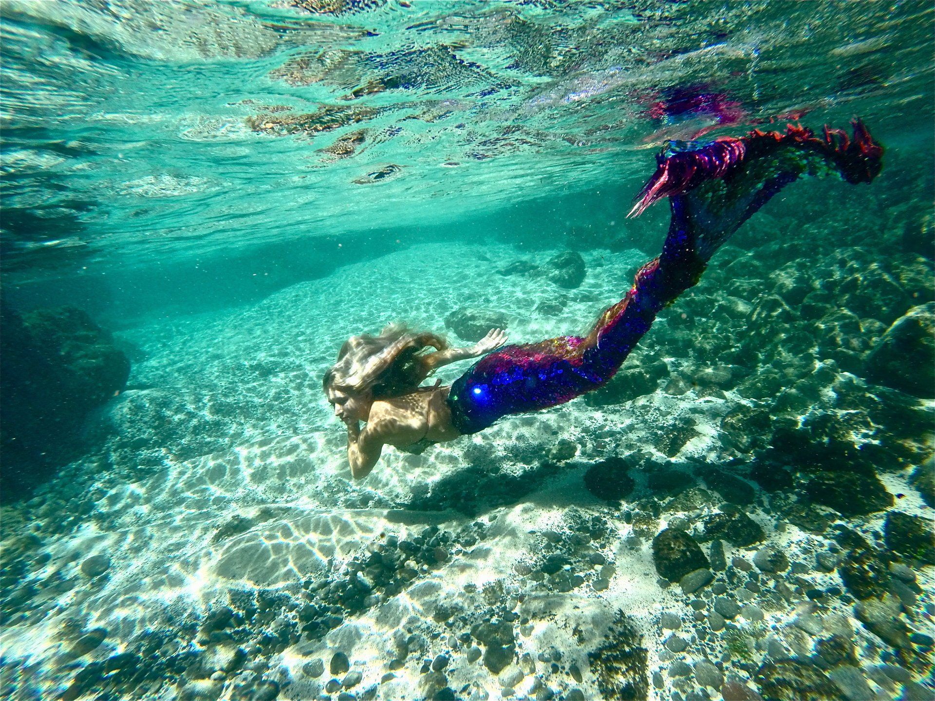 A mermaid is swimming underwater in the ocean.