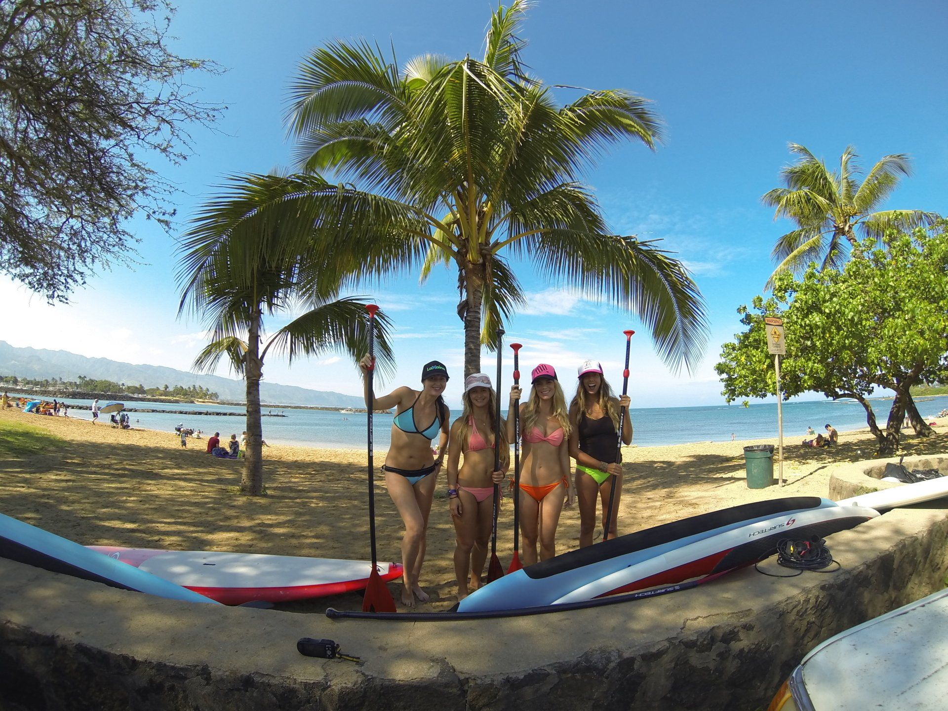 A group of women standing on a beach holding paddle boards.