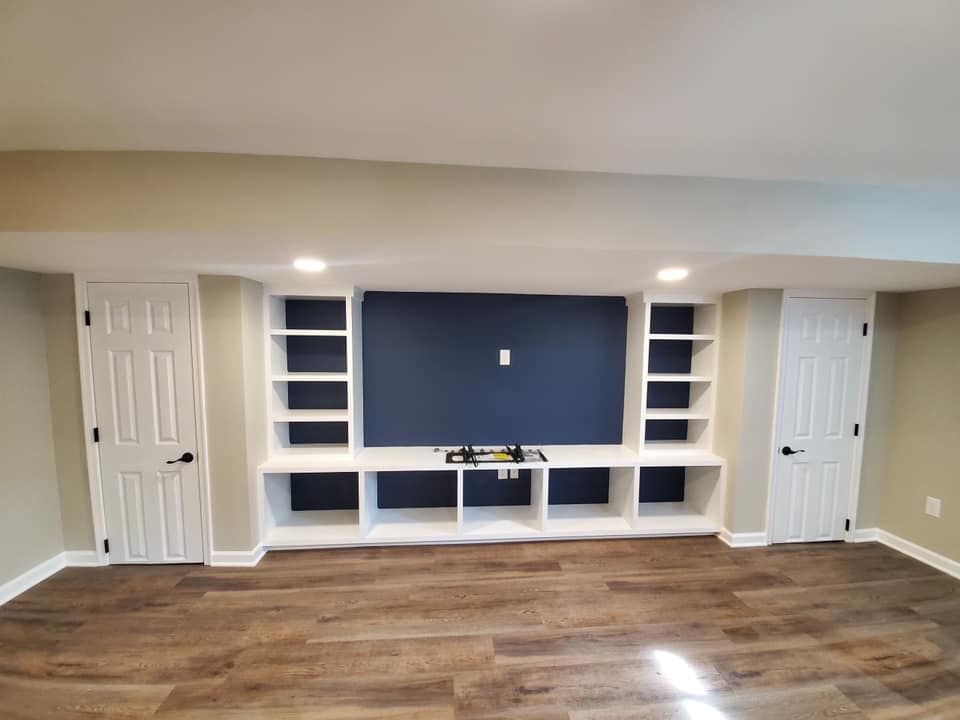 Basement renovation Bethlehem. A photo of a media room
