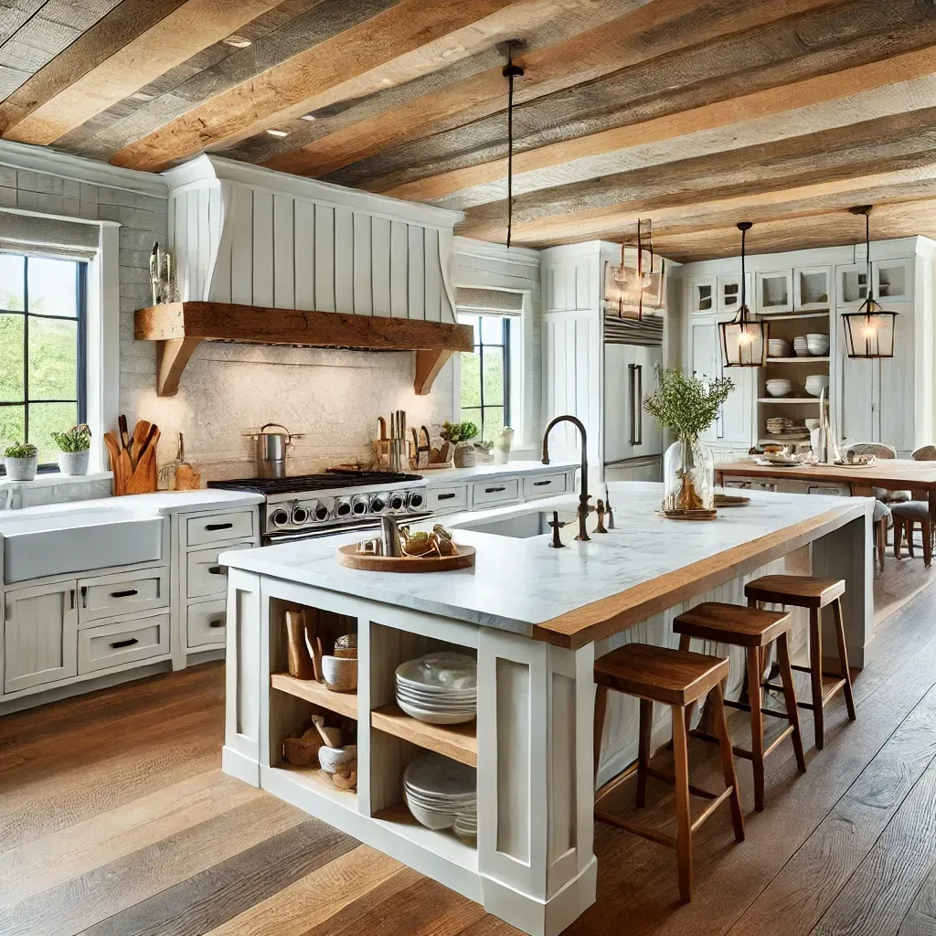 A stylish modern farmhouse kitchen with a large island, farmhouse sink, and reclaimed wood accents by MAS Home Improvement in Bethlehem, PA