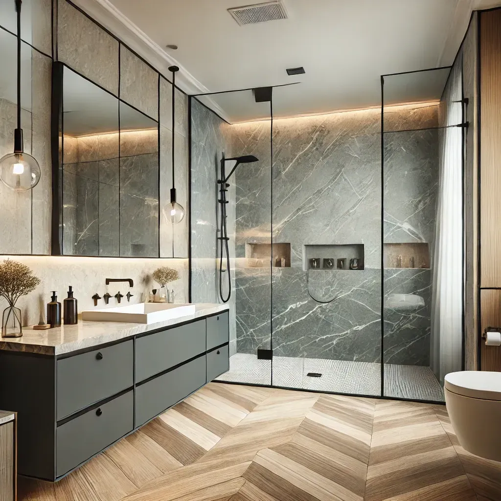A beautifully designed modern bathroom renovation with elegant tiles and custom vanities by MAS Home Improvement.