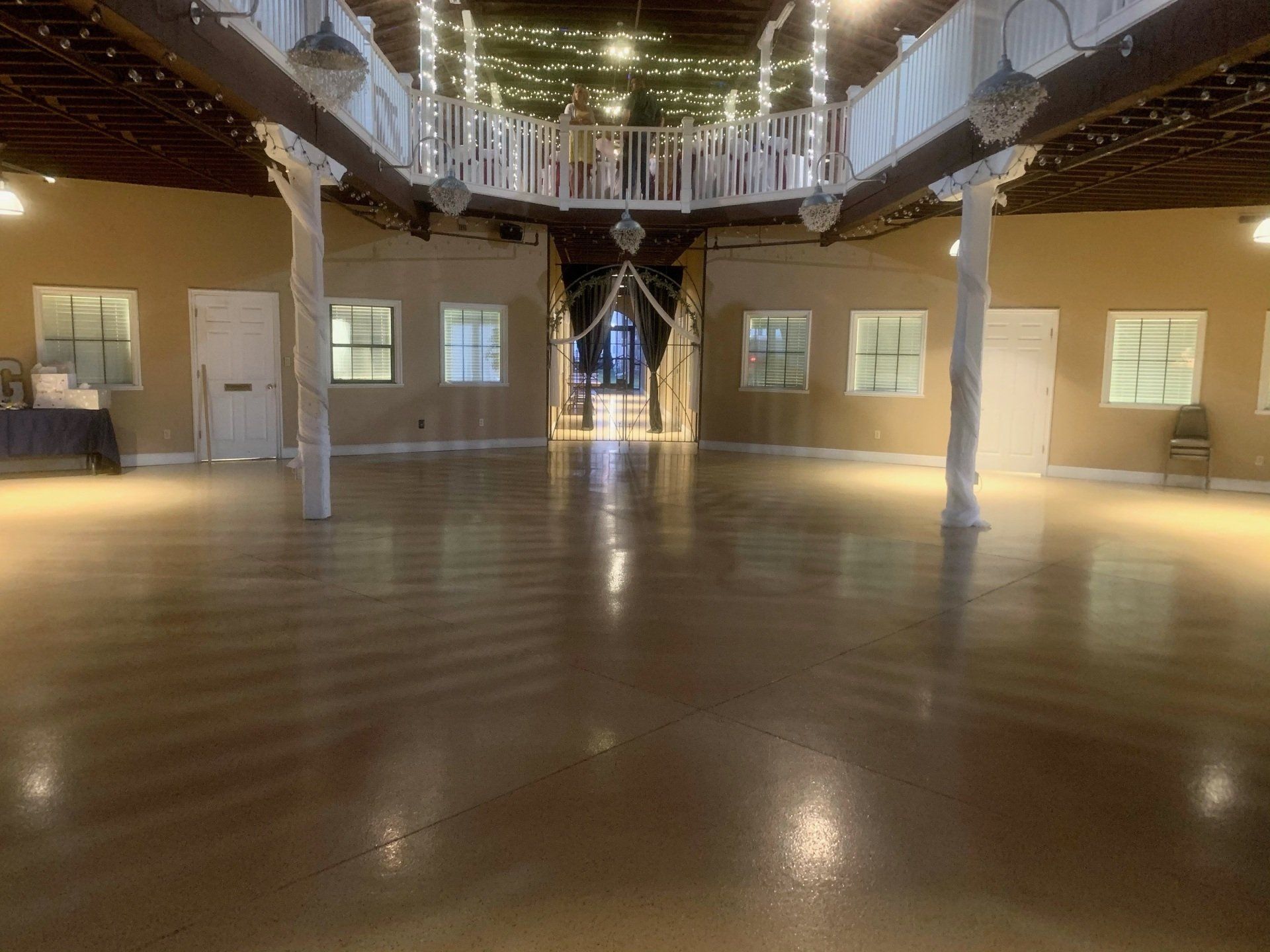Atrium set up as the dance floor at wedding reception
