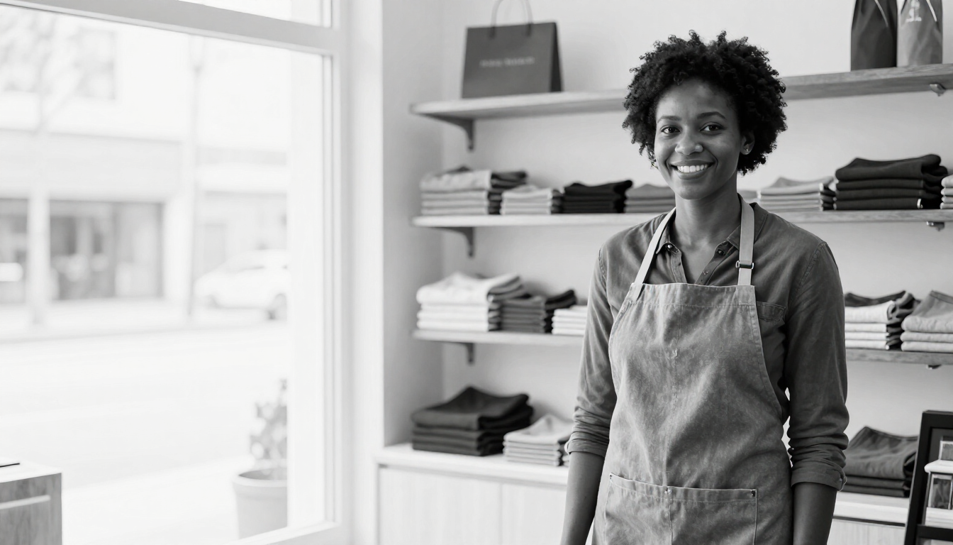 A smiling shop owner in her apron