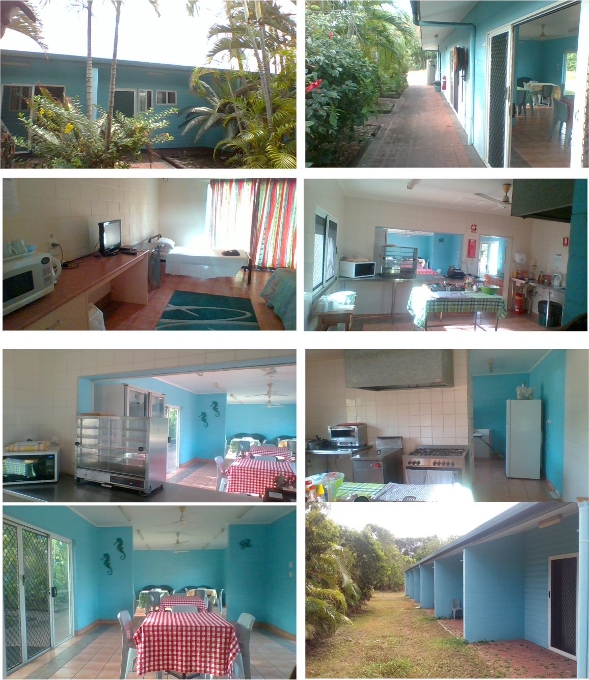Exterior and interior views of a blue building, showing rooms and a hallway with a table, appliances, and furnishings.