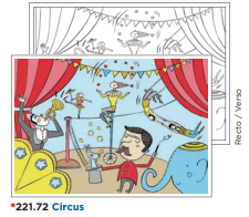 Scène de cirque : Acrobate sur corde raide, monocycliste, magicien, éléphant, scène.