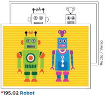 Page à colorier et dessin terminé de deux robots de dessin animé sur fond jaune.