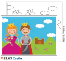 Page à colorier avec une scène de château ; un roi, une reine et un château en arrière-plan.