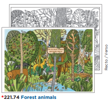 Scène de forêt en couleur et noir et blanc avec animaux et panneau.