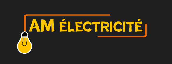Logo pour AM ÉLECTRICITÉ, mettant en vedette une ampoule et du texte en orange et jaune sur fond noir.