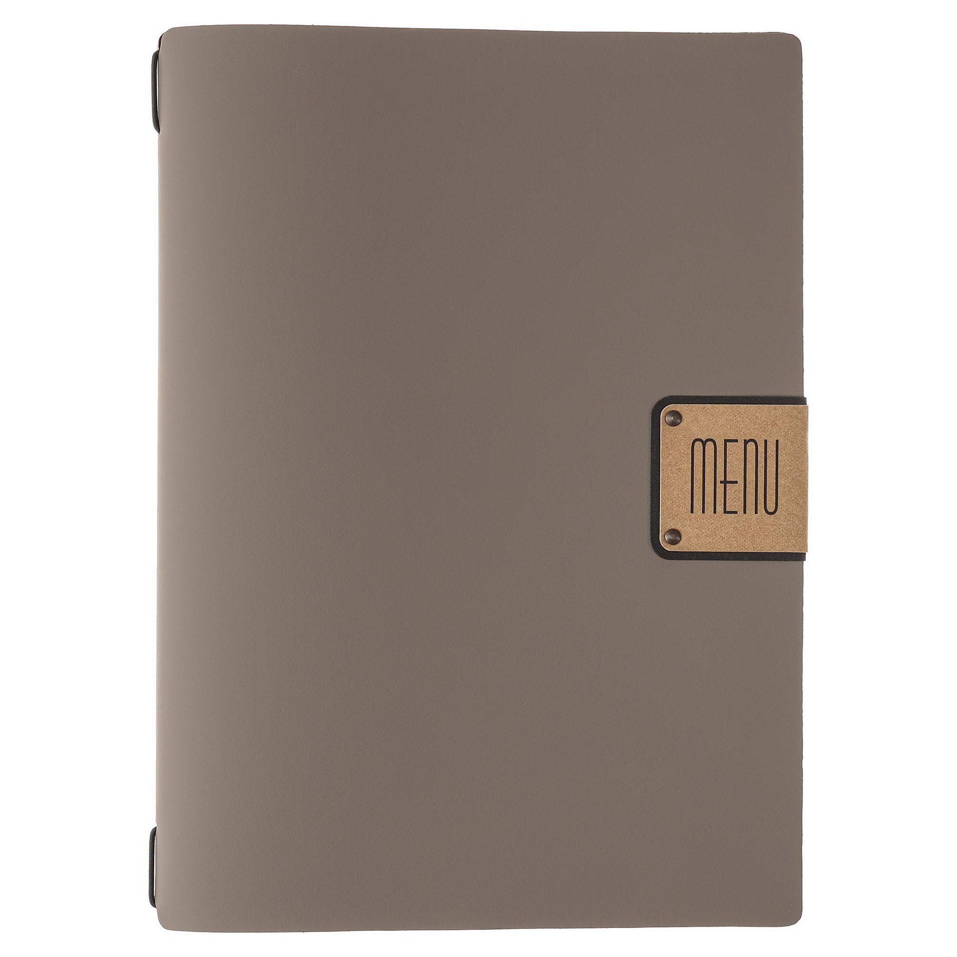 Couverture de menu grise avec une étiquette rectangulaire « MENU » sur le devant.