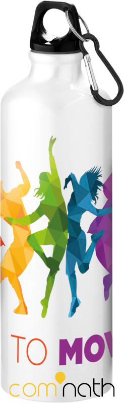 Bouteille d'eau avec un motif de personnage dansant coloré et le texte « TO MOVE ».
