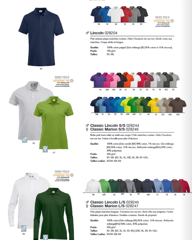 Polos pour hommes et femmes de différentes couleurs, présentés sur une page de catalogue.