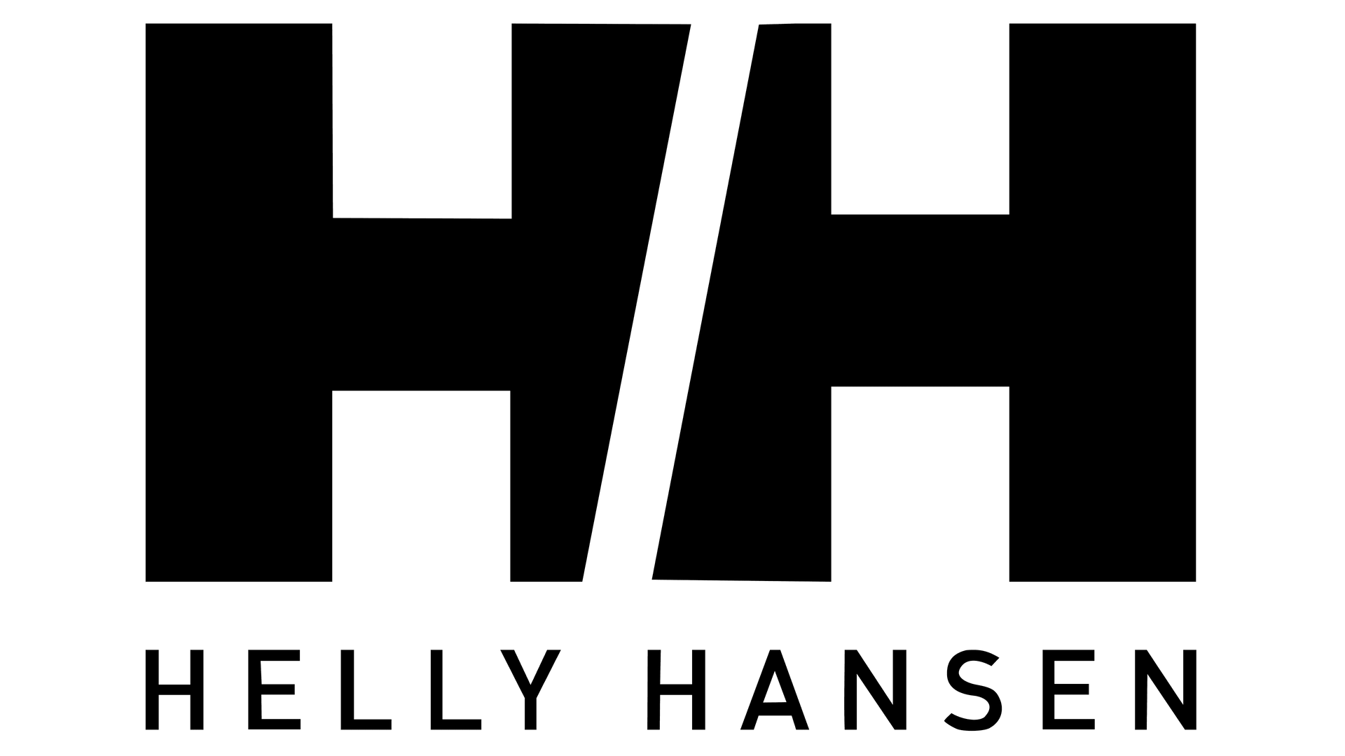 Logo noir et blanc : deux formes « H » en blocs avec une barre diagonale blanche, texte « HELLY HANSEN » en dessous.