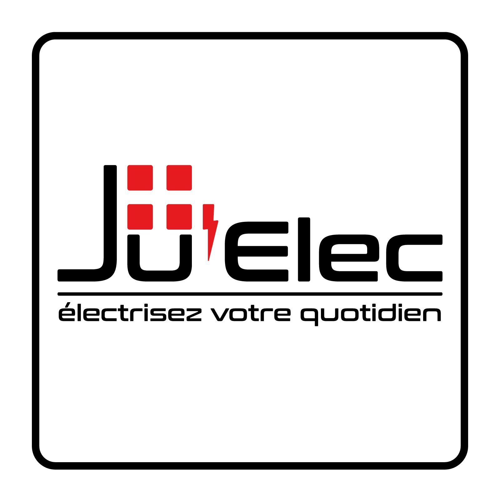 Logo de JuElec, services électriques. Carrés rouges avec éclair, texte « JuElec », slogan « Électrisez votre quotidien ».