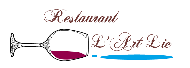 Logo du restaurant : verre à vin renversant un liquide rouge, texte