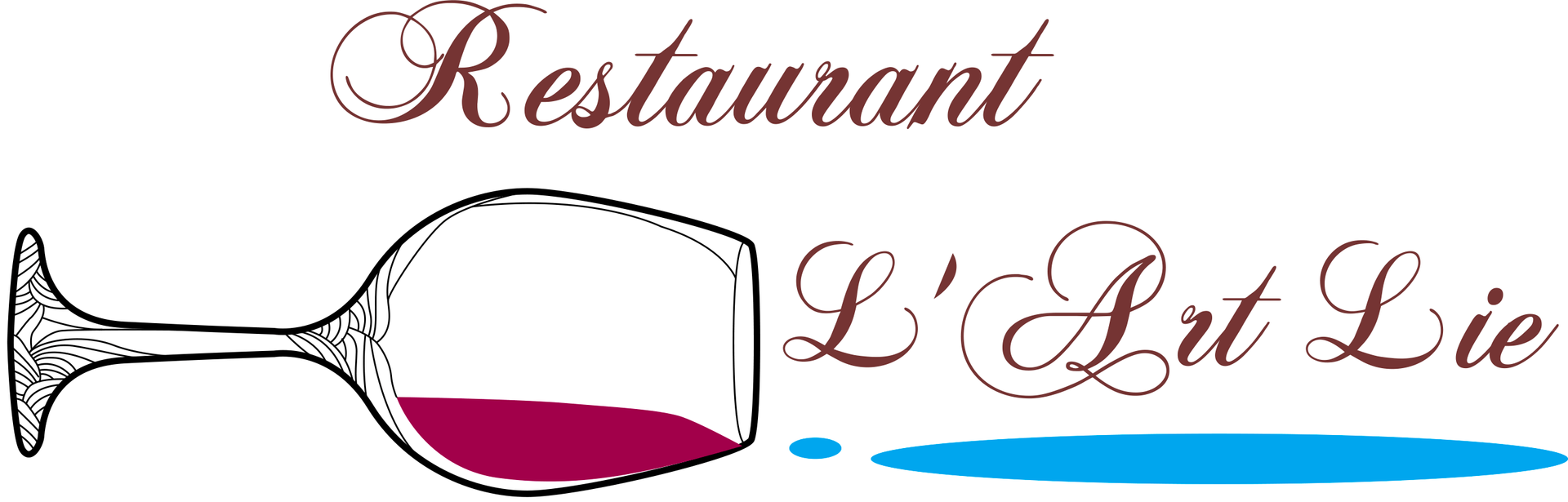 Logo du restaurant L'Art Lie, représentant un verre à vin avec du vin renversé et un texte écrit en lettres capitales.
