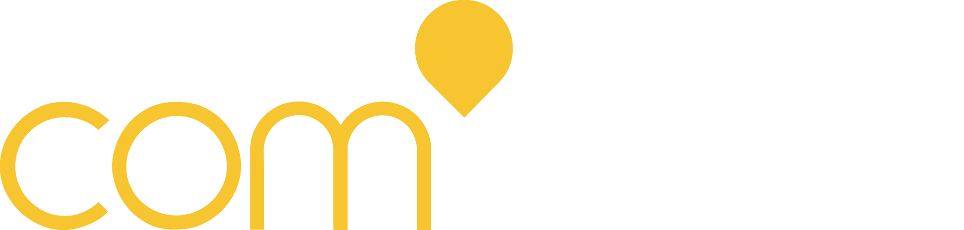 Le logo présente les lettres « com » dans une police jaune/orange avec une forme de goutte jaune au-dessus.