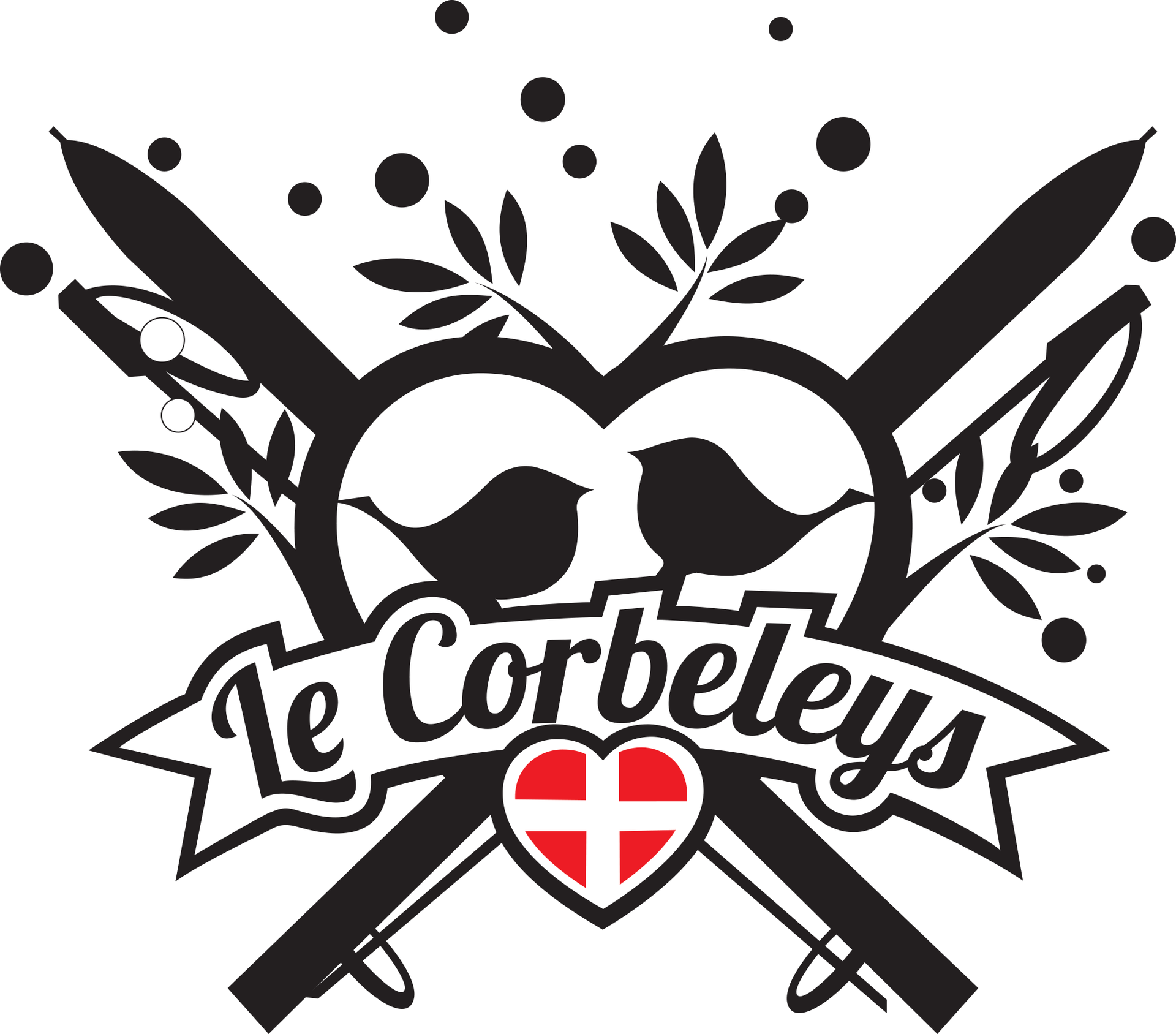 Logo des Corbeleys. Représente des skis croisés, des oiseaux et un cœur orné du drapeau suisse.