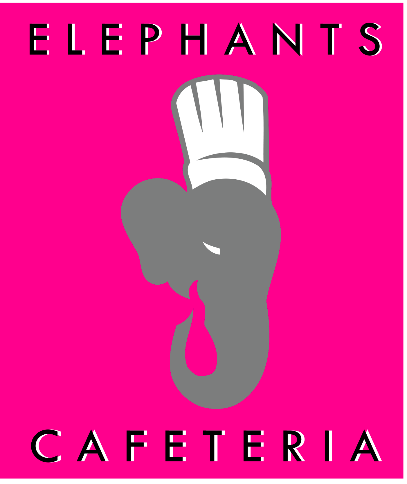 Logo pour la cafétéria Elephant's : tête d'éléphant grise portant un chapeau de chef, sur fond rose vif.