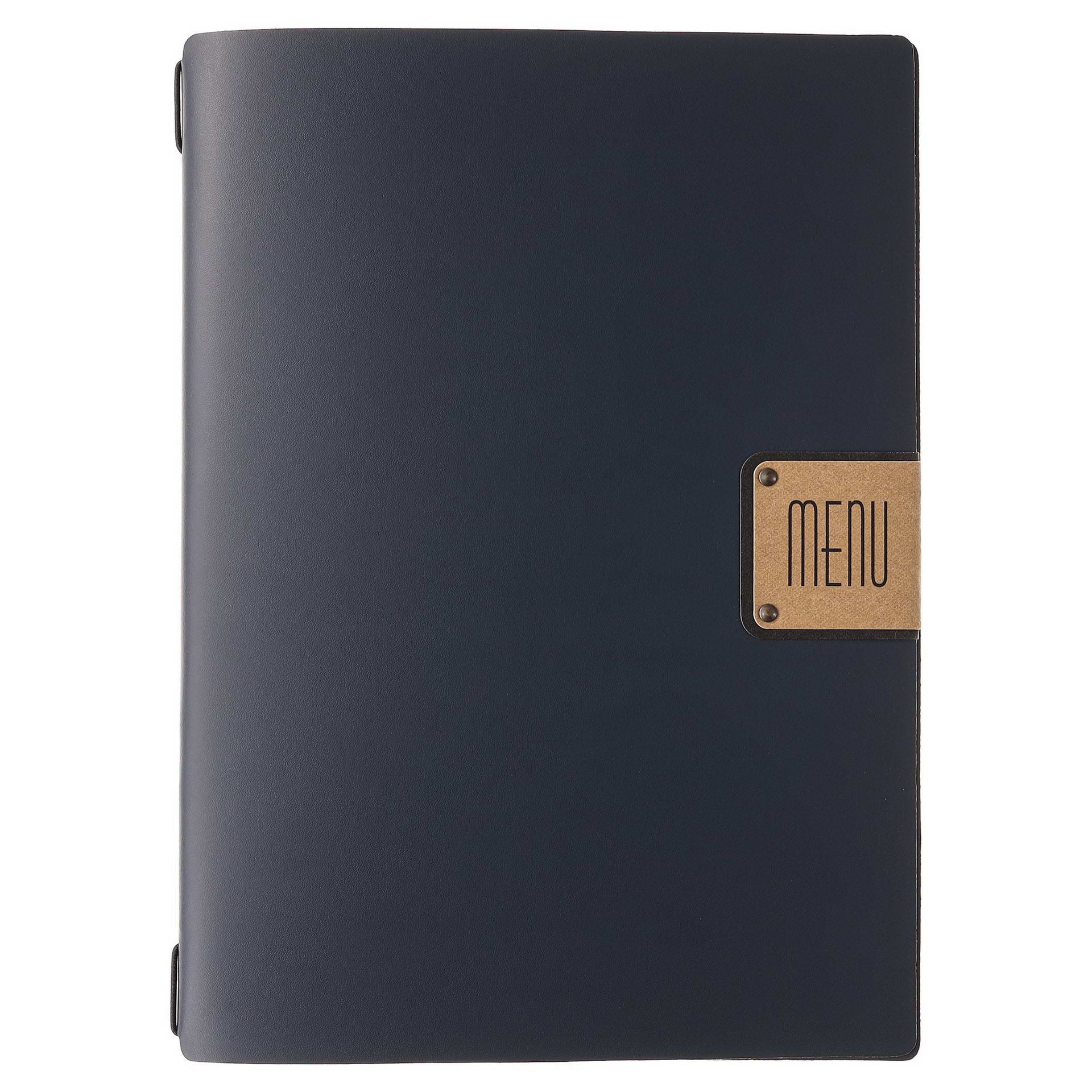 Menu de restaurant bleu foncé avec « MENU » sur un rectangle beige.