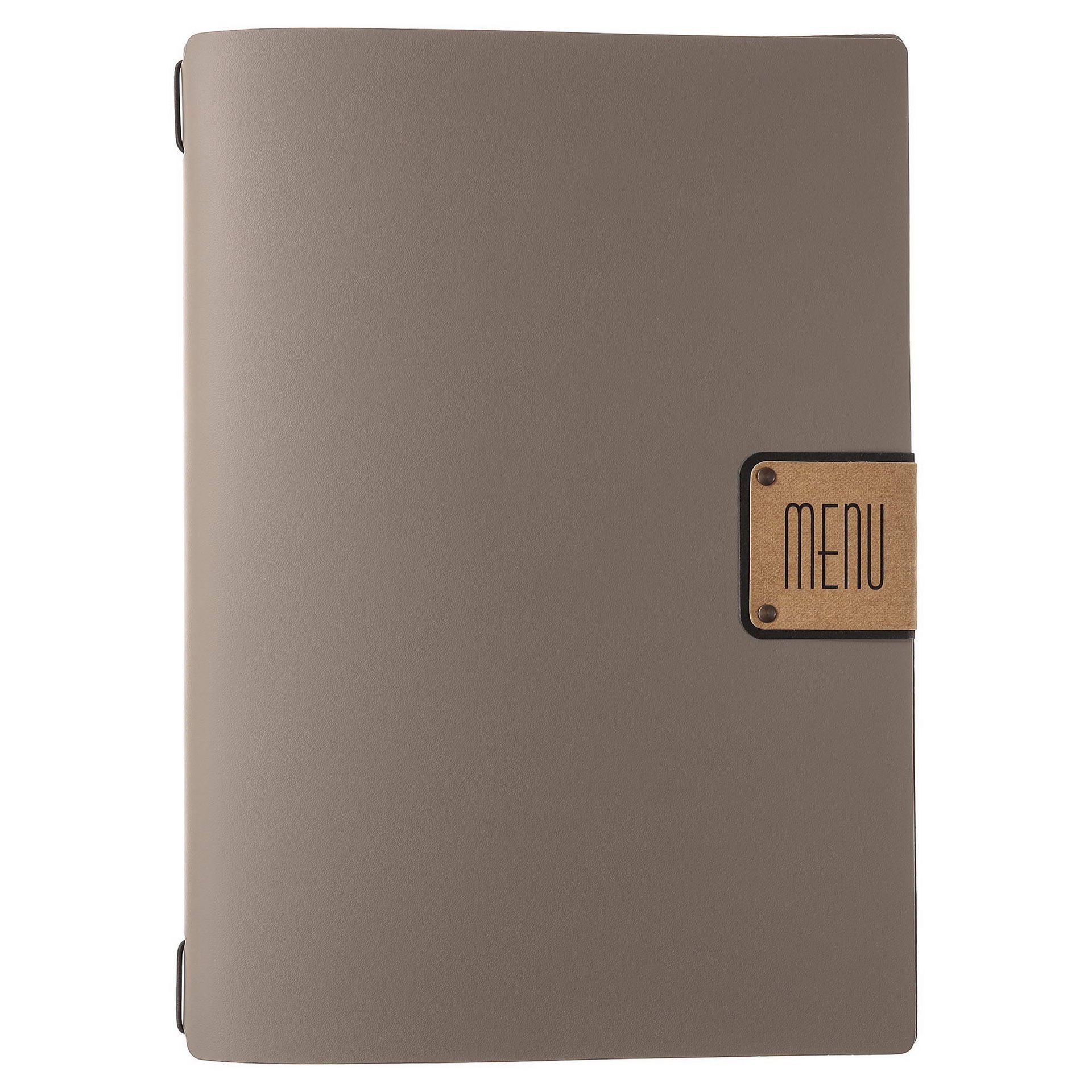 Chemise de menu grise avec une étiquette en liège « MENU ».