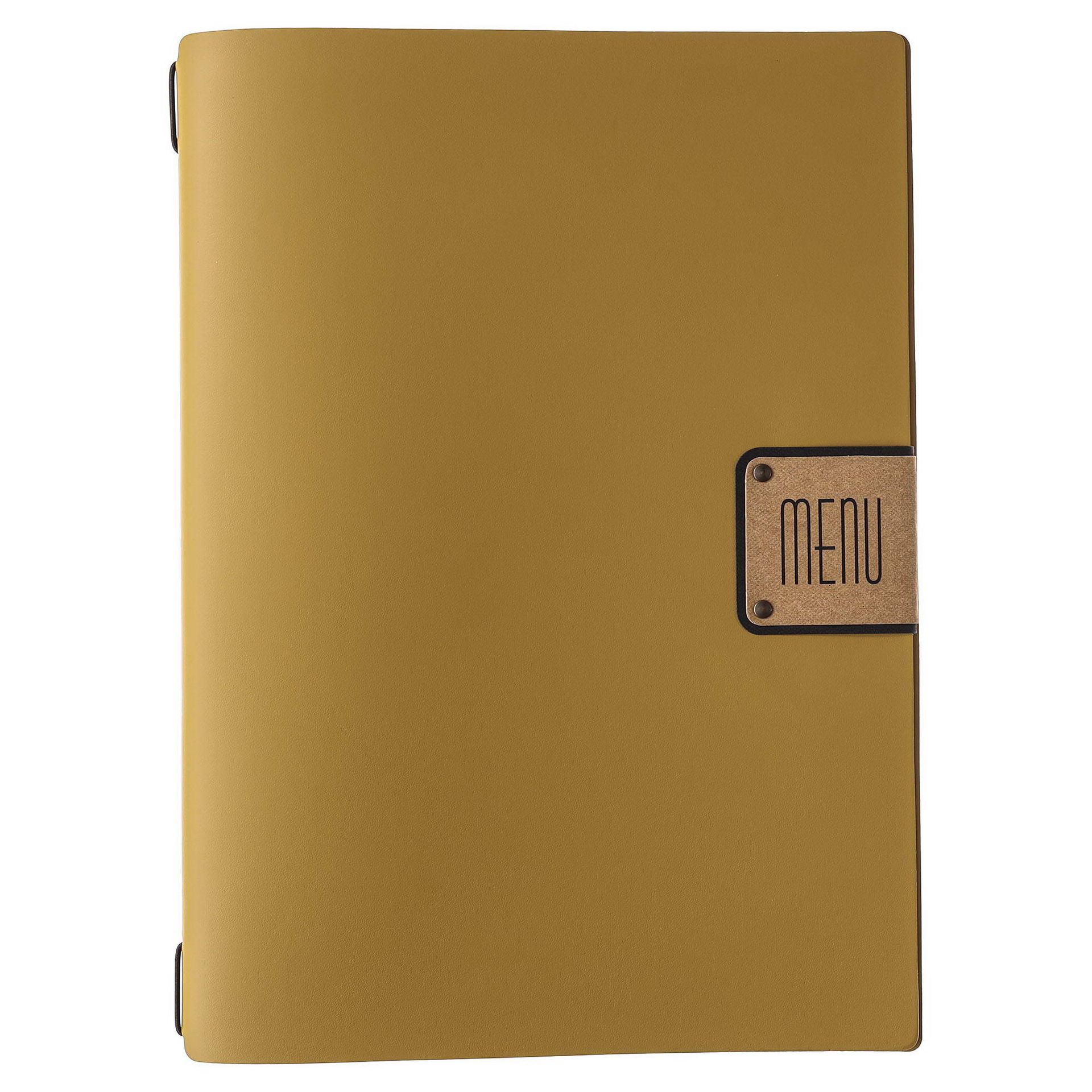 Livre de menu jaune moutarde avec « MENU » sur une étiquette en liège.