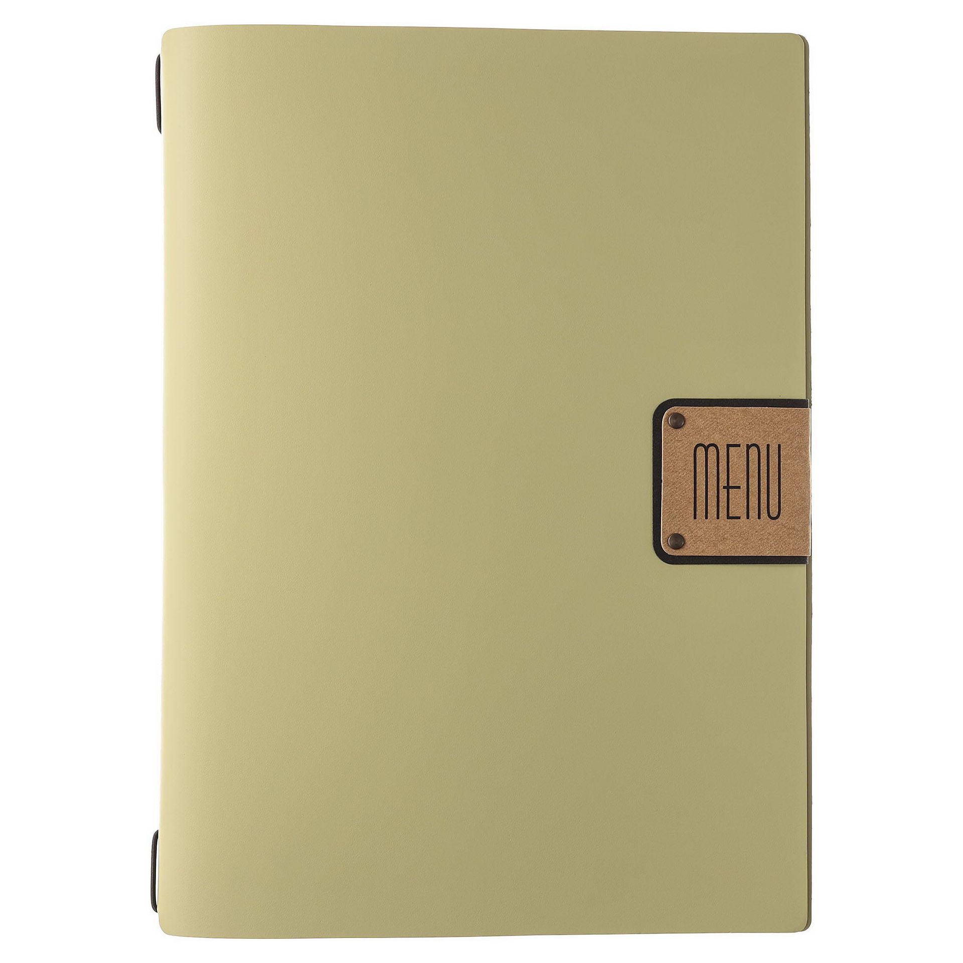 Un dossier de menu beige avec « MENU » sur un rectangle marron.