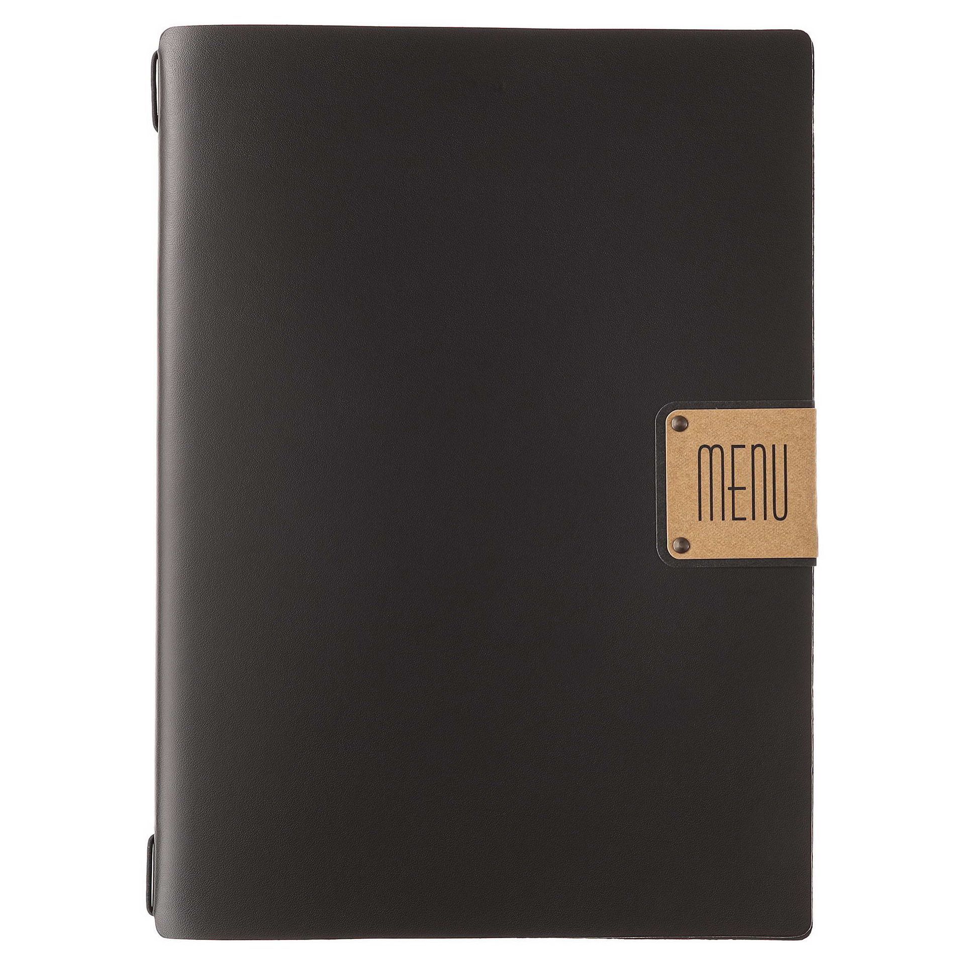 Couverture de menu noire avec une petite plaque « MENU » beige.