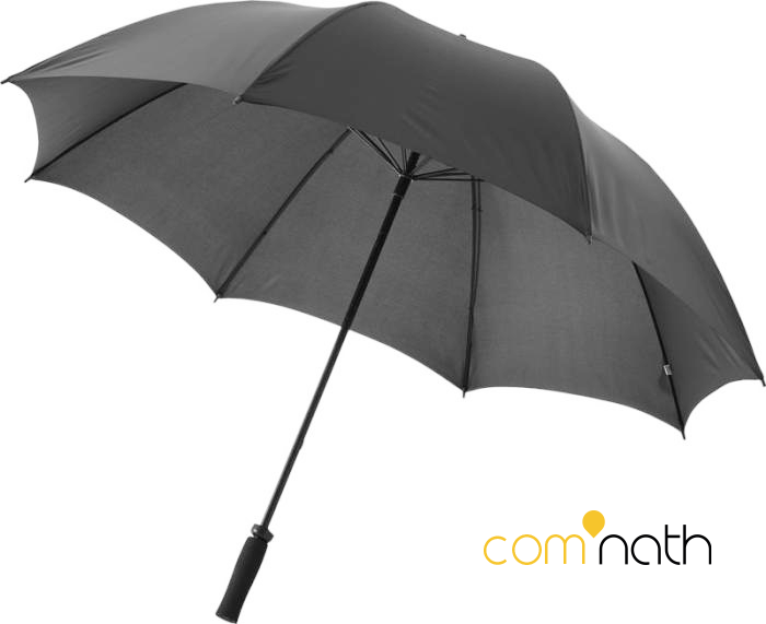 Parapluie ouvert gris sur fond blanc.