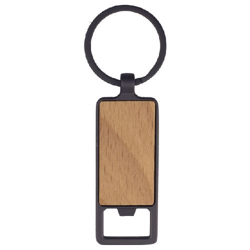 Porte-clés en bois avec décapsuleur, garniture en métal foncé et porte-clés.