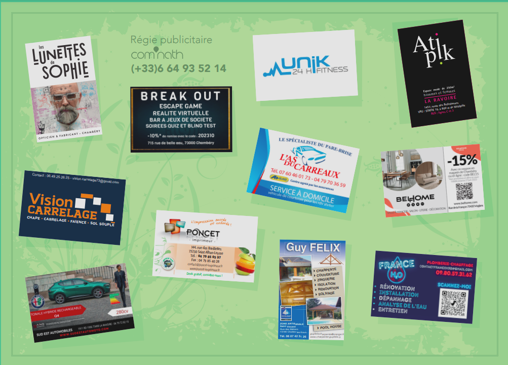 Assortiment de cartes de visite sur fond vert. Présentant les logos et coordonnées de divers services.