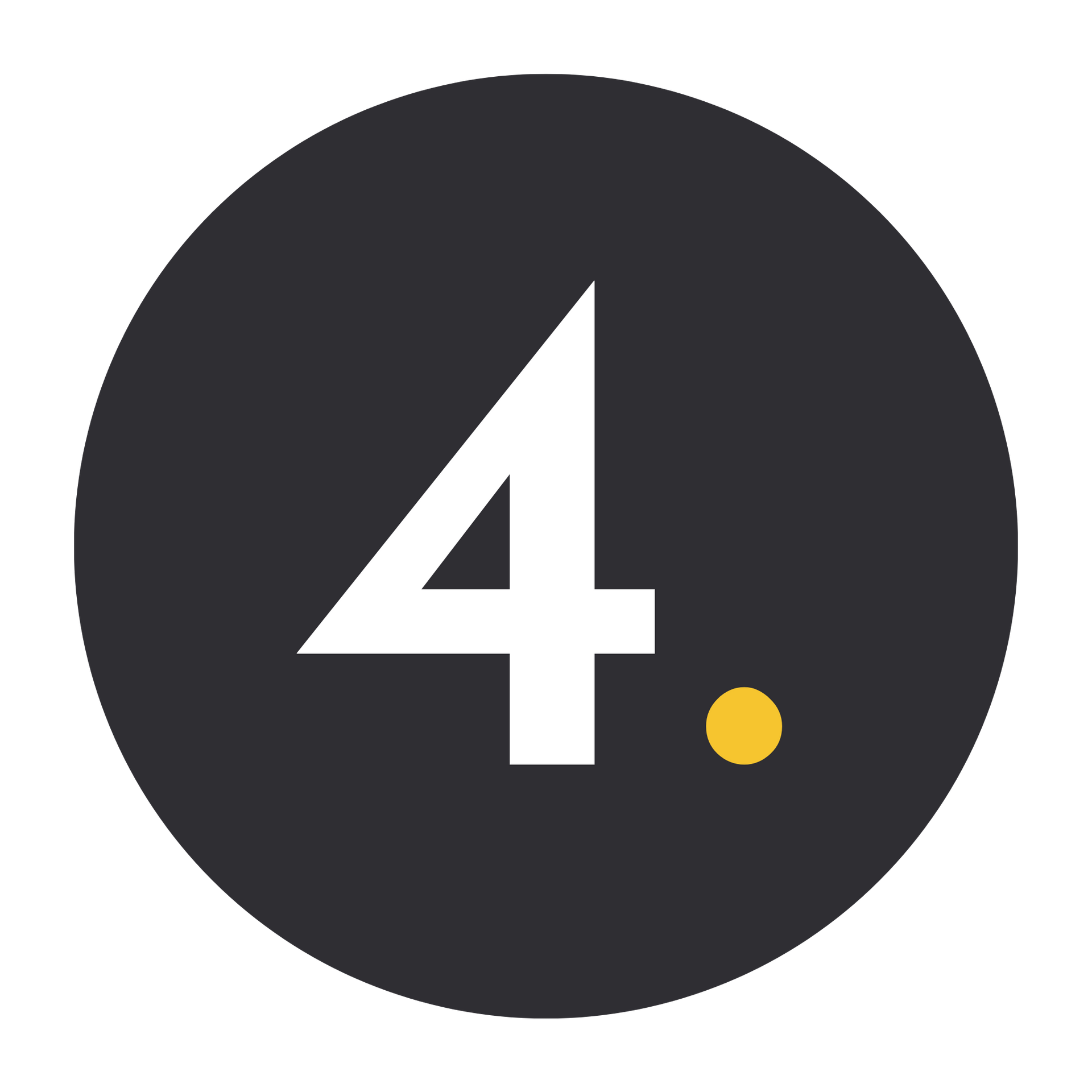Numéro 4 blanc avec un point jaune à l'intérieur d'un cercle gris foncé.