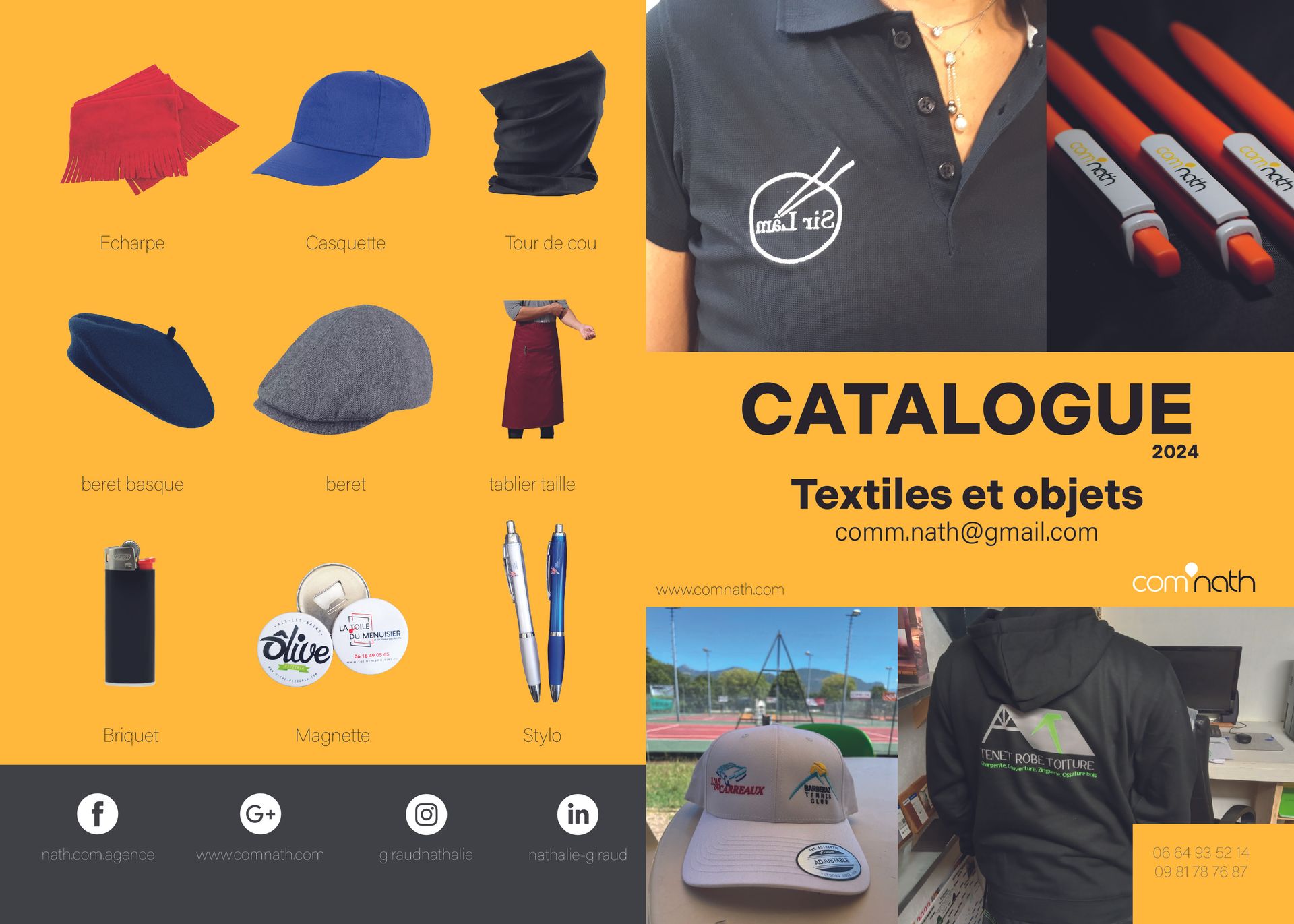 Catalogue promotionnel avec divers textiles et objets, dont des chapeaux, des chemises, des stylos et des briquets, sur fond jaune.