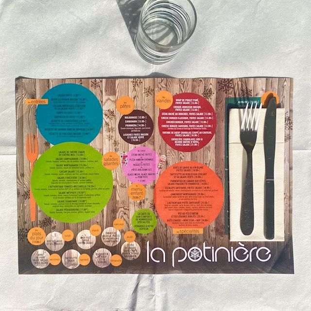 Set de table de restaurant avec menu en cercles colorés, couverts, verre d'eau.