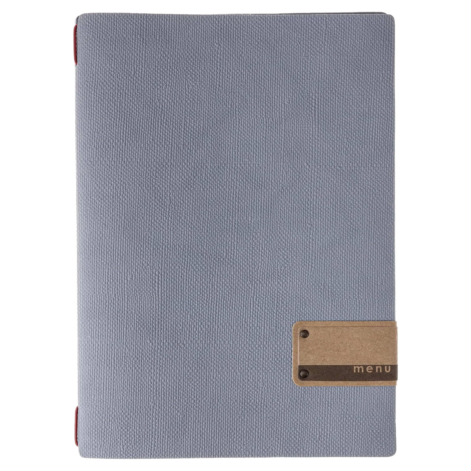 Couverture de menu en denim gris avec une étiquette en liège indiquant « menu ».