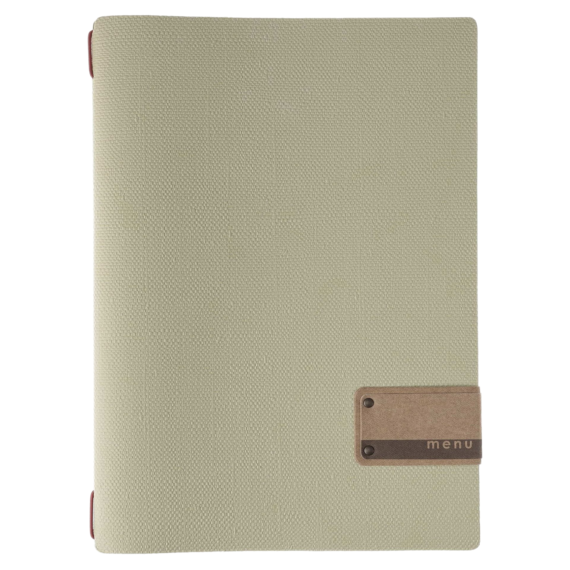 Porte-menu en tissu beige avec accents en liège.