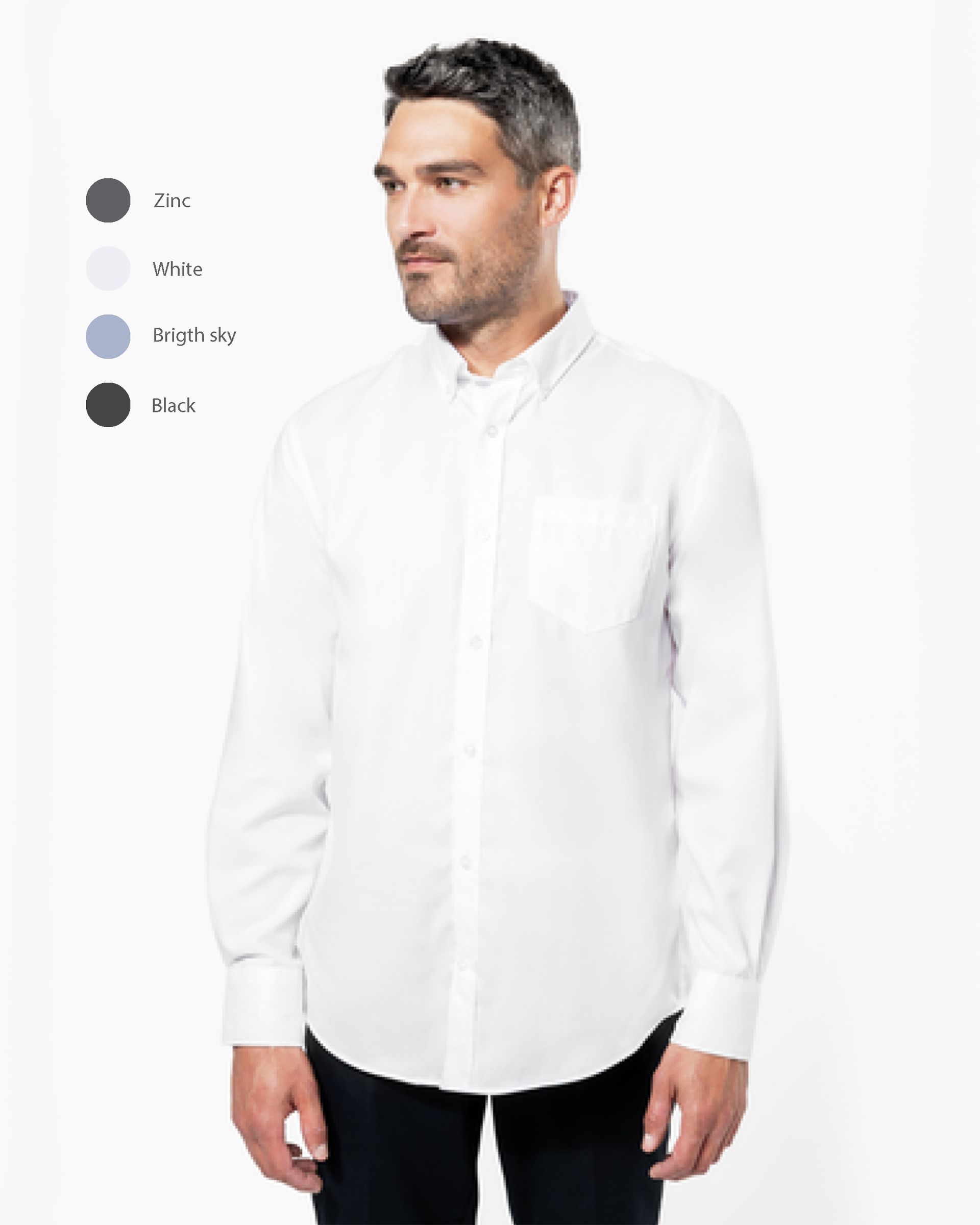 Homme en chemise blanche boutonnée, représenté sur un fond blanc, options répertoriées : gris, blanc, bleu clair, noir.
