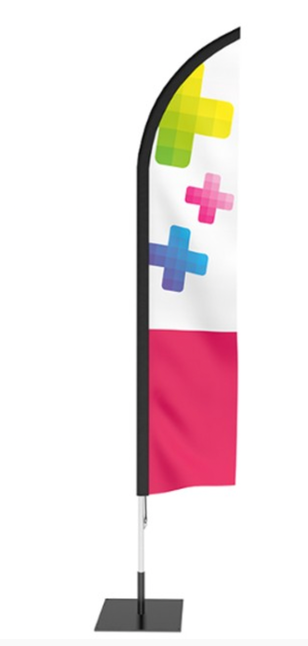 Drapeau à plumes avec des signes plus colorés sur fond blanc et rose et mât et base noirs.