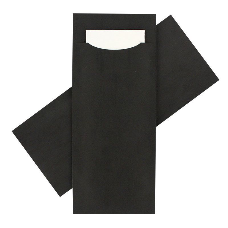 Porte-cartes de visite noir avec carte à l'intérieur, à plat.