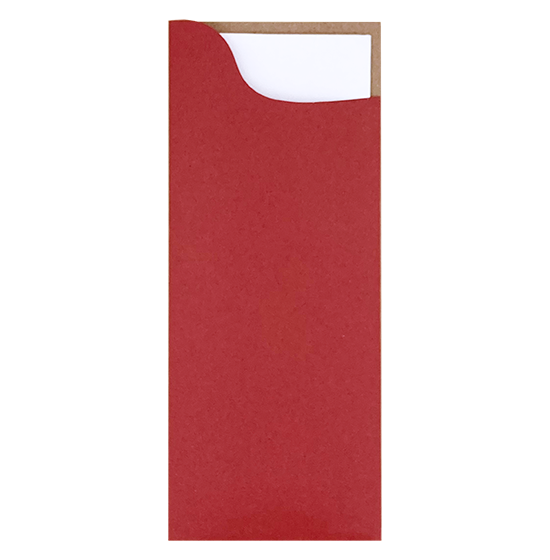 Enveloppe de poche rouge contenant une carte blanche, sur fond beige.